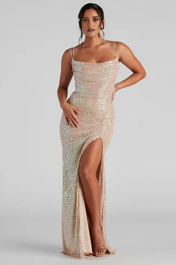 Formal Sequin Cowl Neck Maxi Dress Gold