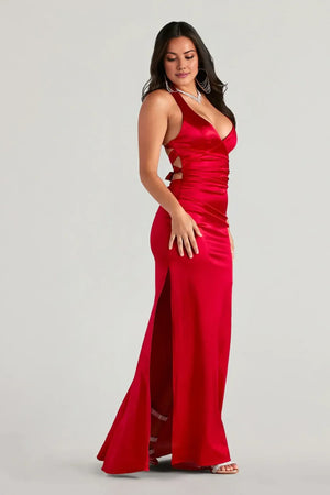 Lace-Up Satin Formal Column Maxi Dress Red