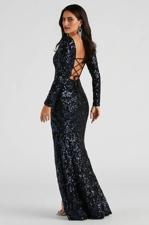 Formal Sequin Lace-Up Maxi Dress Navy