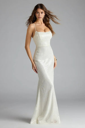 Lace-Up Mermaid Sequin Formal Maxi Dress Ivory