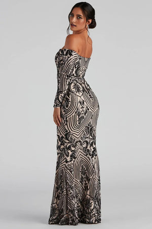 Formal Off-The-Shoulder Sequin Maxi Dress