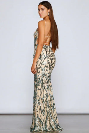 Formal Open Back Sequin Maxi Dress Green