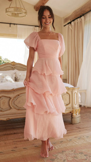Solid Color Puff Sleeve Cake Maxi Dress