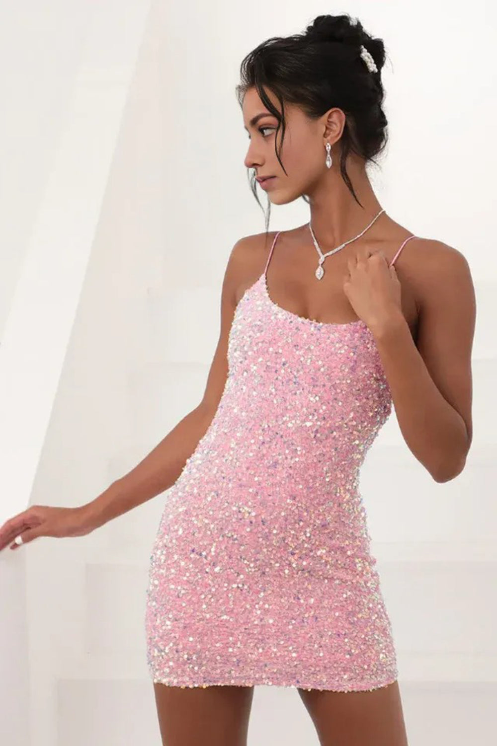 Iridescent Sequin Bodycon Mini Dress Pink