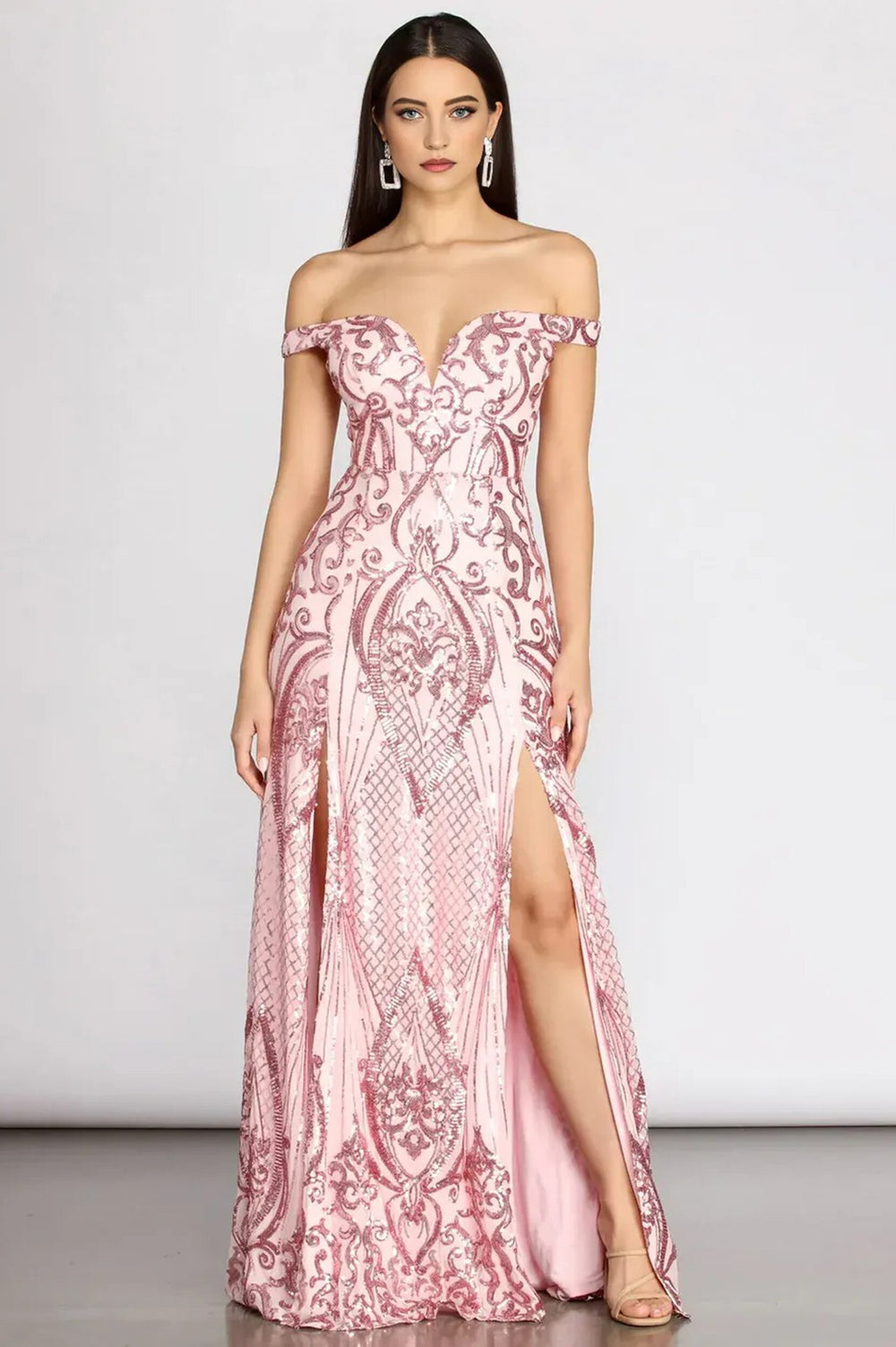 Sequin Off Shoulder A-Line Maxi Dress Pink