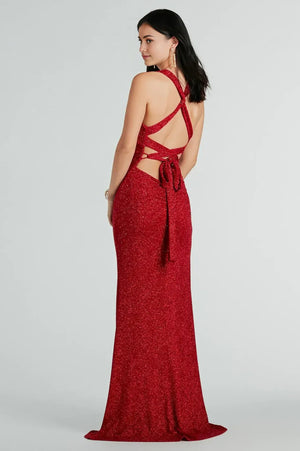 Formal Glitter Lace-Up Column Dress Red