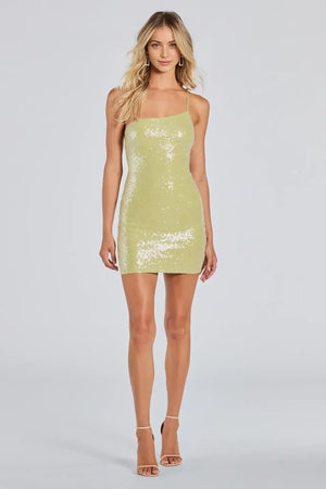 Luxe Pose One-Shoulder Cutout Sequin Mini Dress Lime