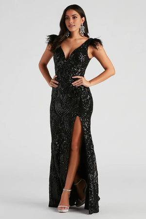 Formal Sequin Feather Long Maxi Dress Black