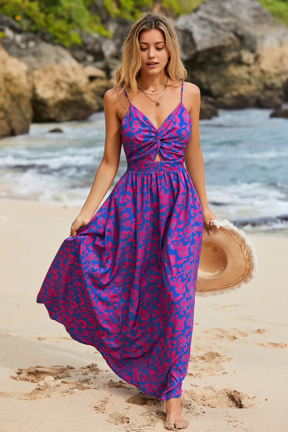 Floral Print Knotted V-Neck Maxi Dress Purple