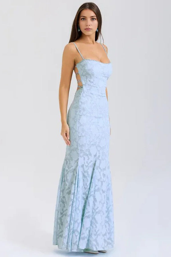 Lace-up lace maxi dress Blue