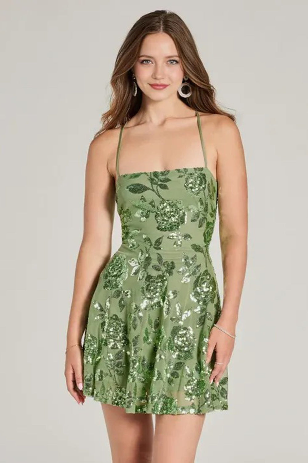 Sparkling Beauty Lace-Up Floral Sequin Skater Dress  Green