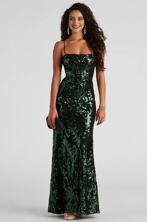 Formal Sequin Tie Maxi Dress Dark Green