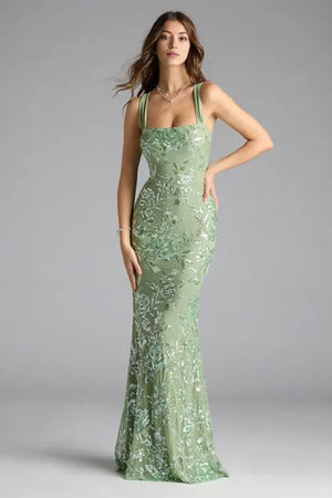 Floral Sequin Lace-Up Mermaid Maxi Dress