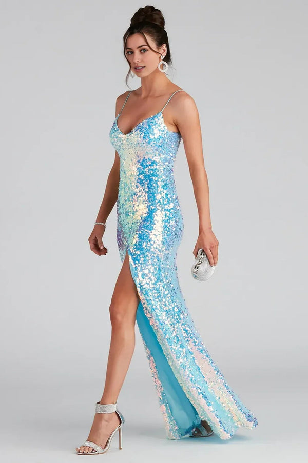 Sequin A-Line Formal Maxi Dress Blue
