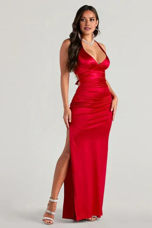 Lace-Up Satin Formal Column Maxi Dress Red