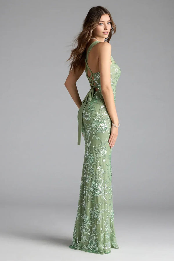 Floral Sequin Lace-Up Mermaid Maxi Dress