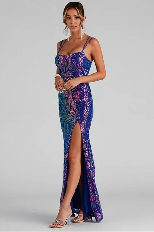 Formal High Slit Sequin Maxi Dress Blue