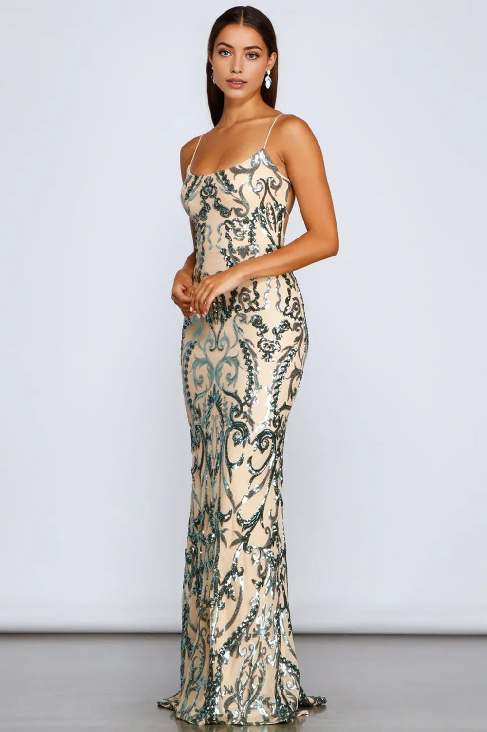 Formal Open Back Sequin Maxi Dress Green