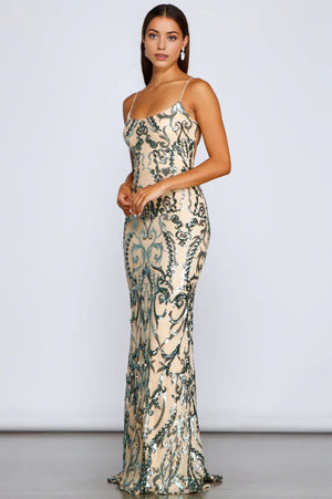 Formal Open Back Sequin Maxi Dress Green