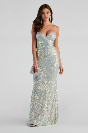 Sequin Slim-Fit Formal Maxi Dress Sage