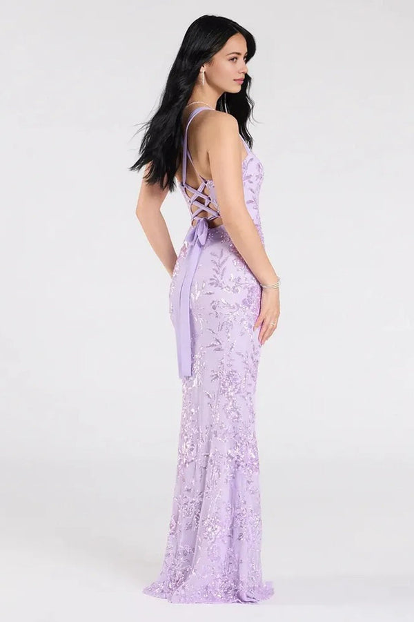 Floral Sequin Lace-Up Mermaid Maxi Dress