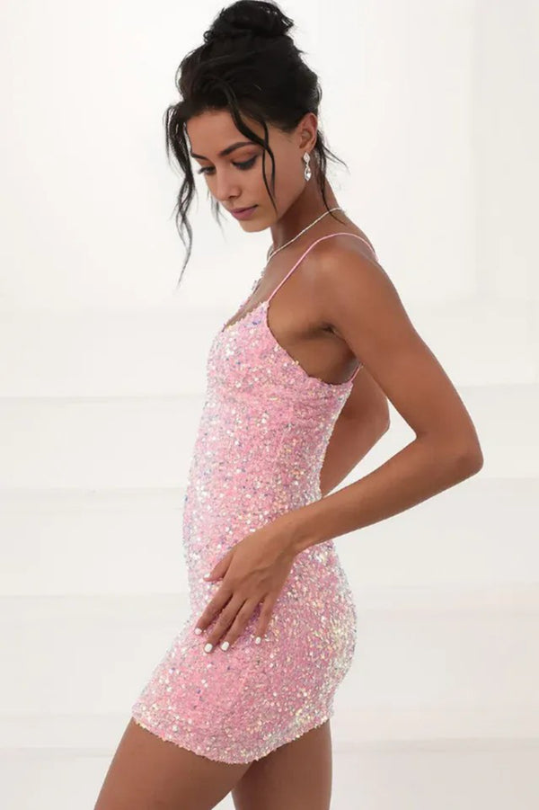 Iridescent Sequin Bodycon Mini Dress Pink