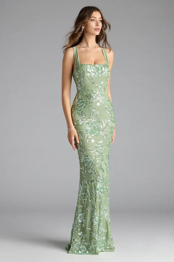 Floral Sequin Lace-Up Mermaid Maxi Dress