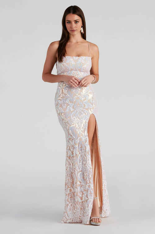 Formal Iridescent Sequin Scroll Dress White