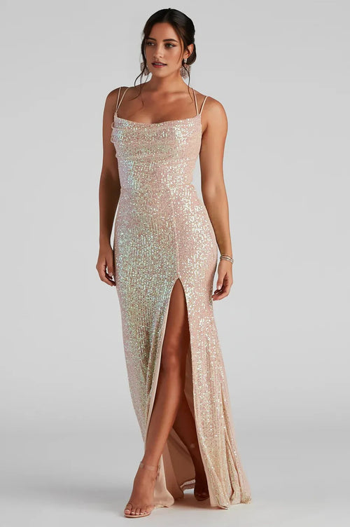 Formal Sequin Cowl Neck Maxi Dress Gold