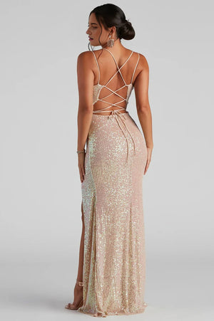 Formal Sequin Cowl Neck Maxi Dress Gold