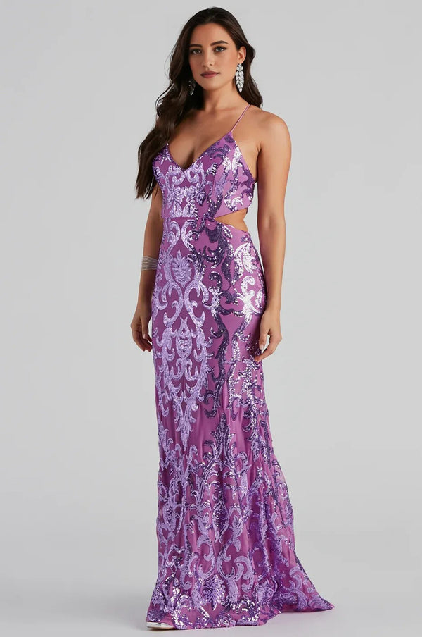 Formal Sequin A-Line Maxi Dress Lavender