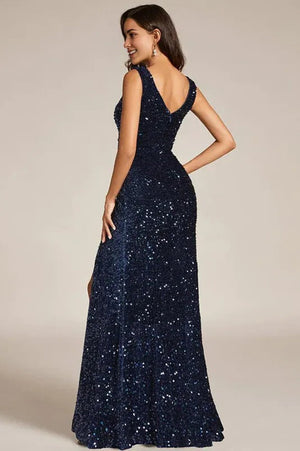 V-neck Sequin Slit Mermaid Floor Length Evening Maxi Dress Navy