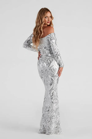 Formal Off-The-Shoulder Sequin Maxi Dress