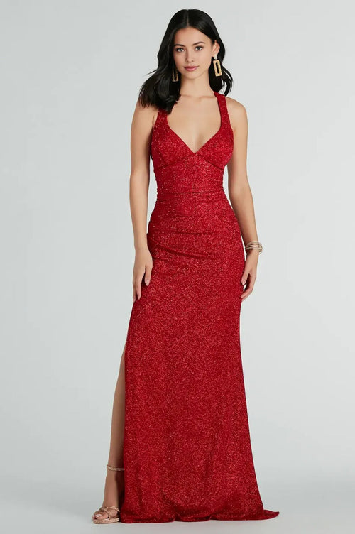 Formal Glitter Lace-Up Column Dress Red