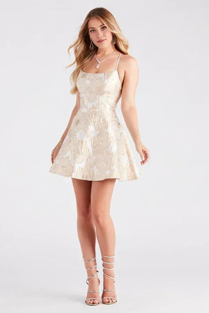 Floral Jaquard Skater Party Mini Dress Ivory
