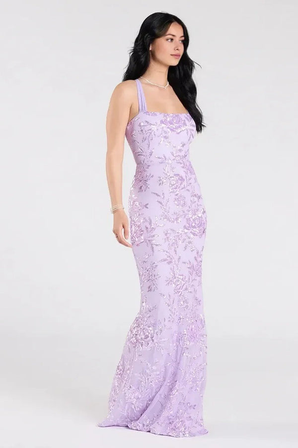 Floral Sequin Lace-Up Mermaid Maxi Dress