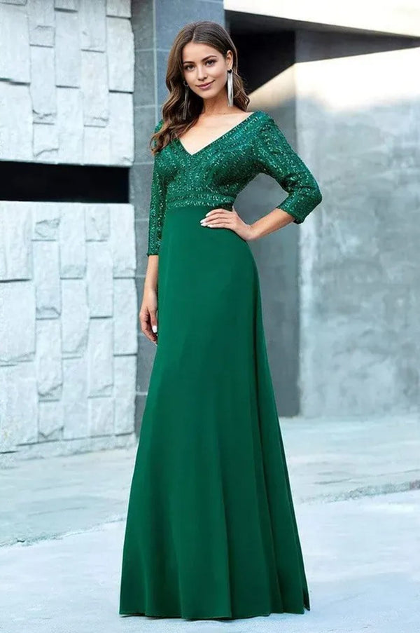 Sexy V Neck A-Line Sequin Evening Maxi Dresses