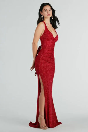 Formal Glitter Lace-Up Column Dress Red