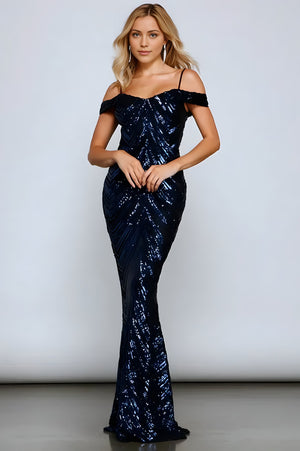 Globaddress Formal Sequin Lace Up Maxi Dress Navy