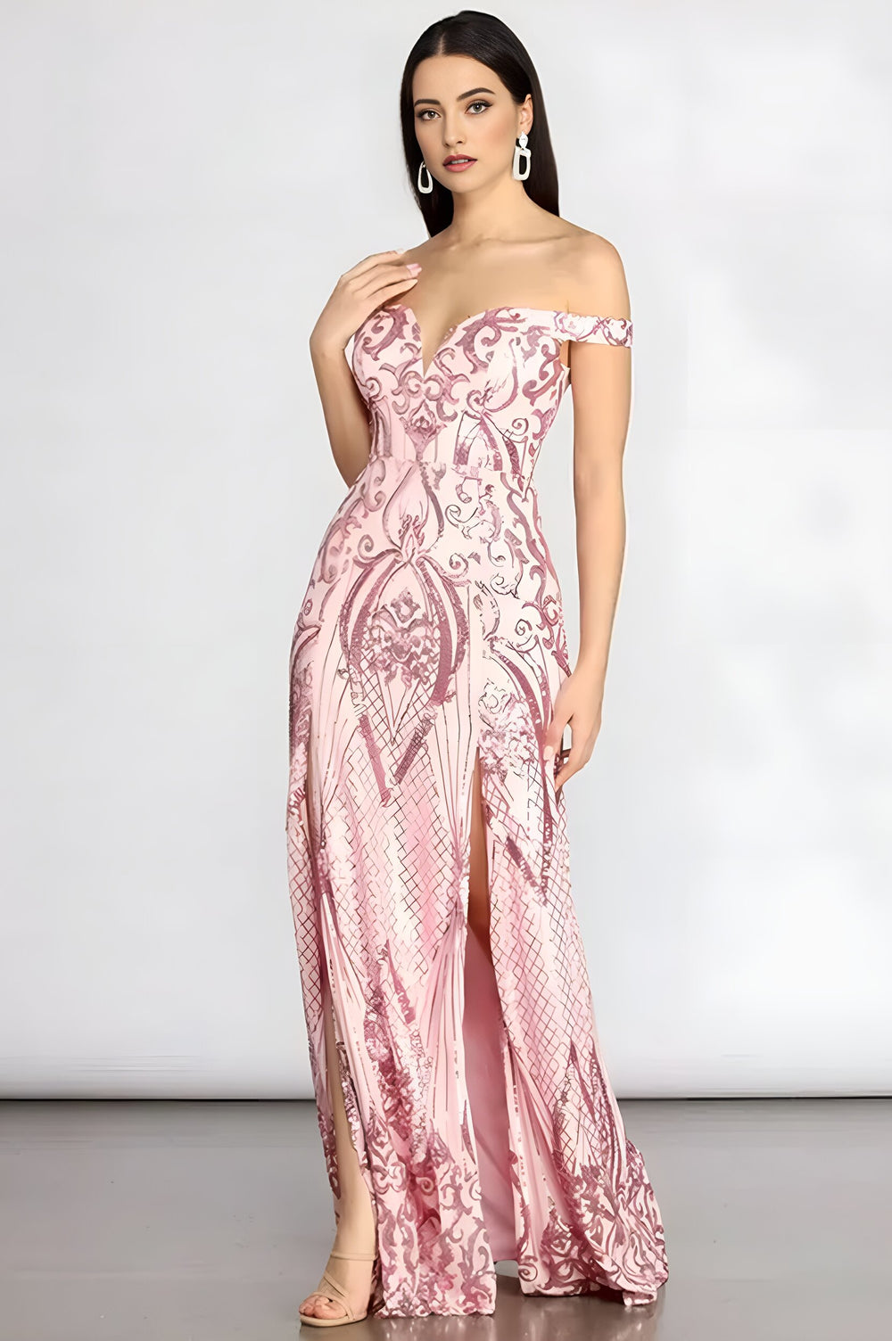 Sequin Off Shoulder A-Line Maxi Dress Pink