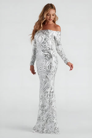 Formal Off-The-Shoulder Sequin Maxi Dress