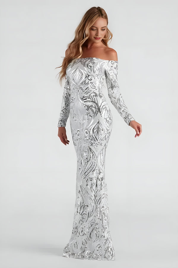 Formal Off-The-Shoulder Sequin Maxi Dress