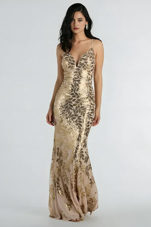 Formal Sequin Leaf Plunge Mermaid Maxi Dress Gold