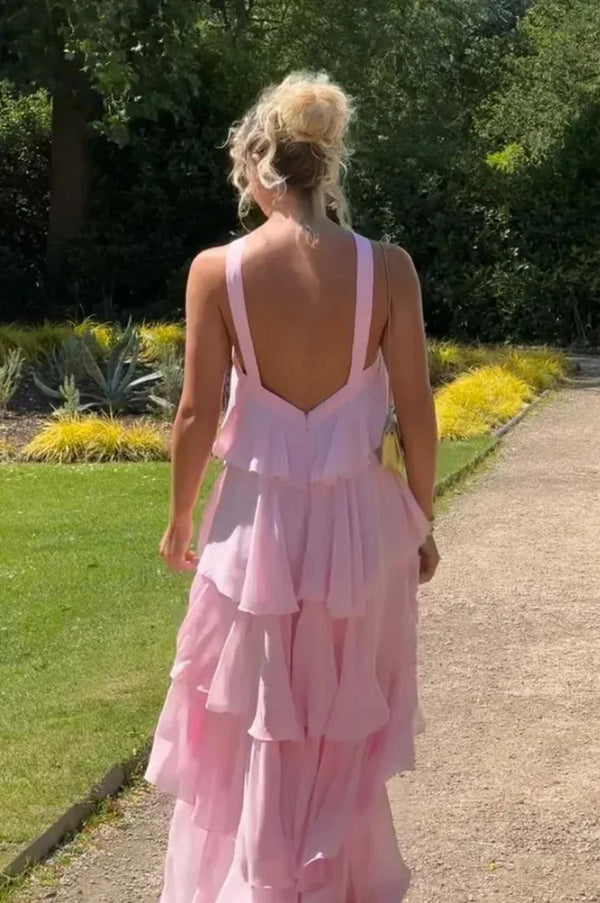 Elegant Chiffon Layer Ruffles Maxi Dress Pink