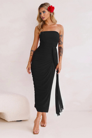 Hourglass Silhouette Strapless Mesh Midi Dress