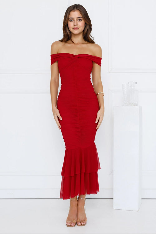 Tanisha Off Shoulder Mesh Midi Dress